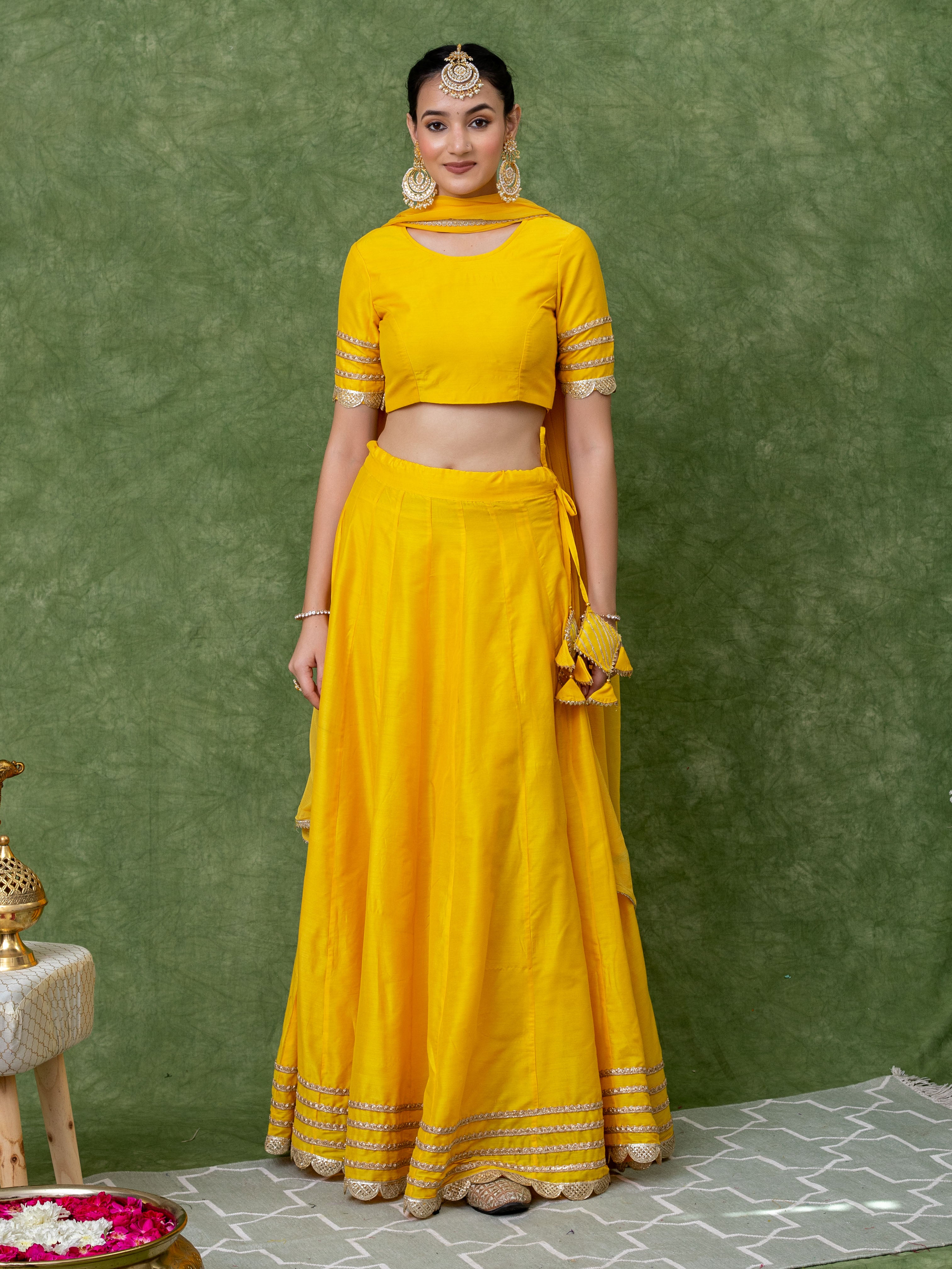 Golden Lace Work Yellow Solid Lehenga Sets with Dupatta (Set of 3)
